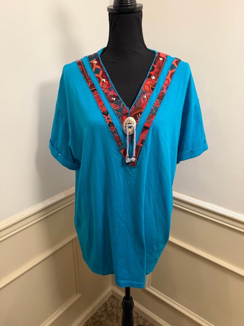 Vintage Joanie W. Turquoise Western Top – Southwestern Concho & Stud Accent Tee